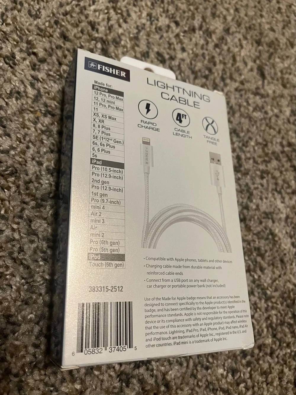 Fisher Silver Nylon Braided Lightning Cable - 4ft
